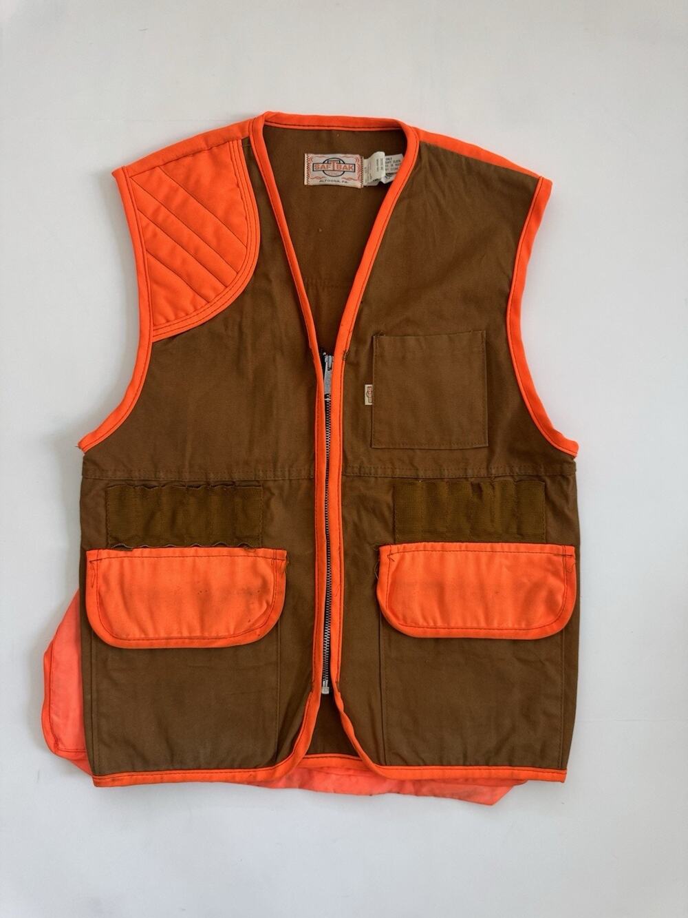 Vintage Saf-T-Bak Hunting Vest Brown Canvas Blaze Orange Game Pouch Shooting S